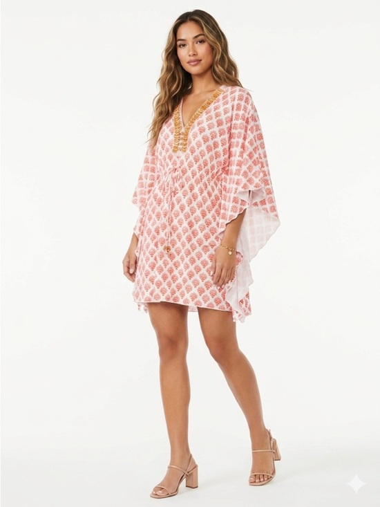 Cabana Life Other - Cabana Life Beaded V-Neck Drawstring Medallion Cover Up Tunic Orange White M